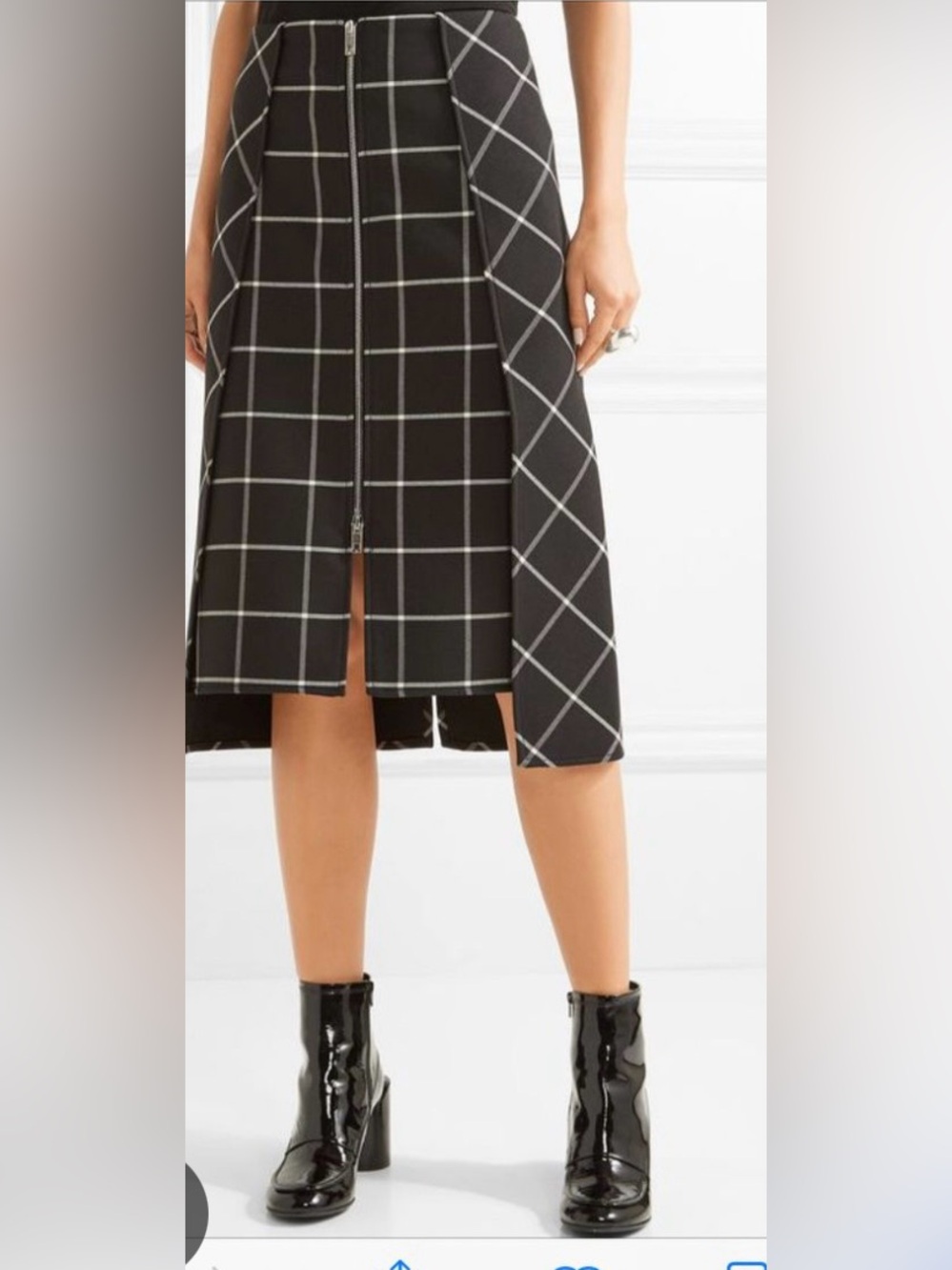 rag & bone Black Windowpane Midi Skirt with Front Zip Closure